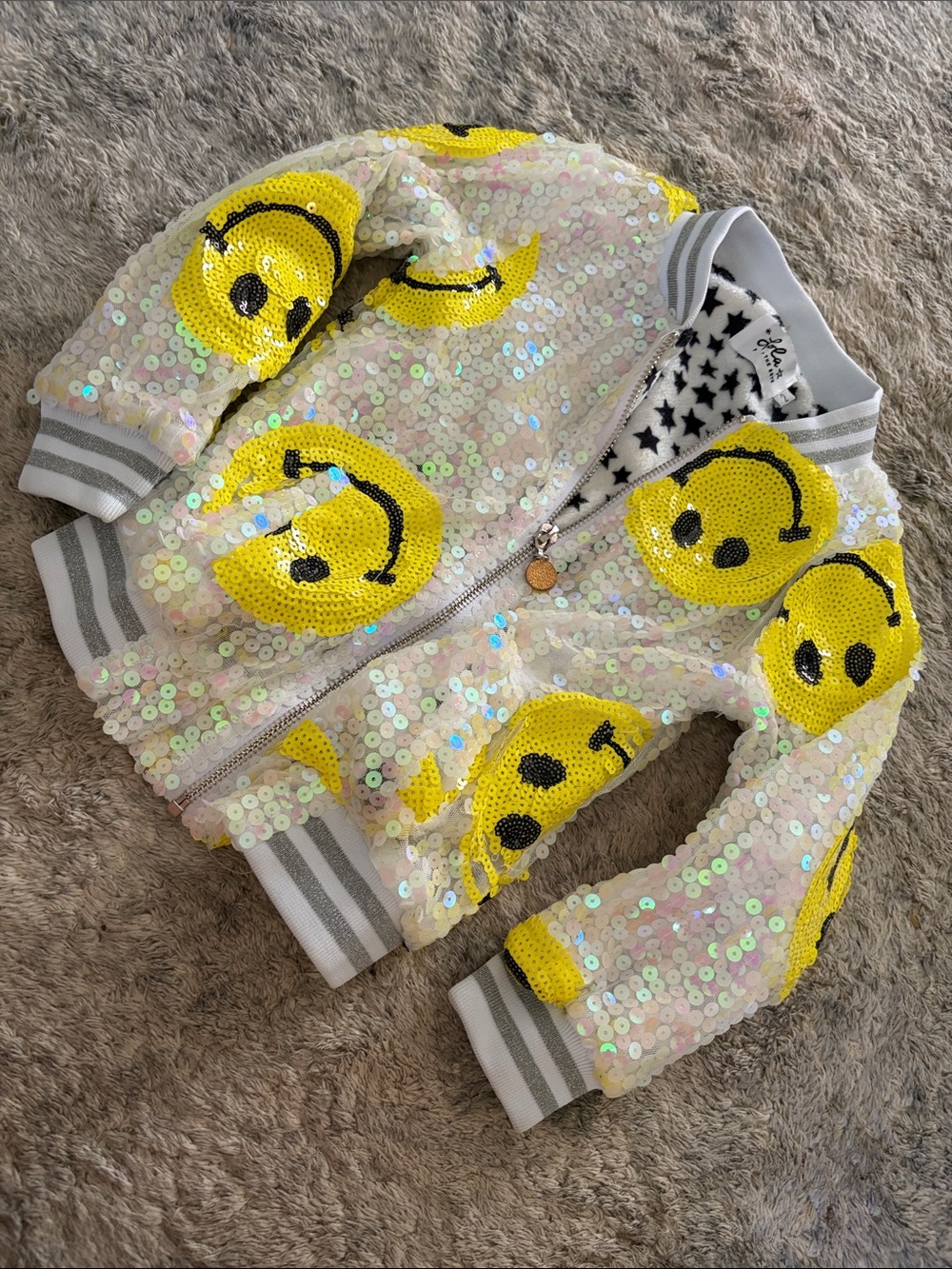 Lola + The Boys Iridescent Sequin Bomber with Yellow Smile Faces